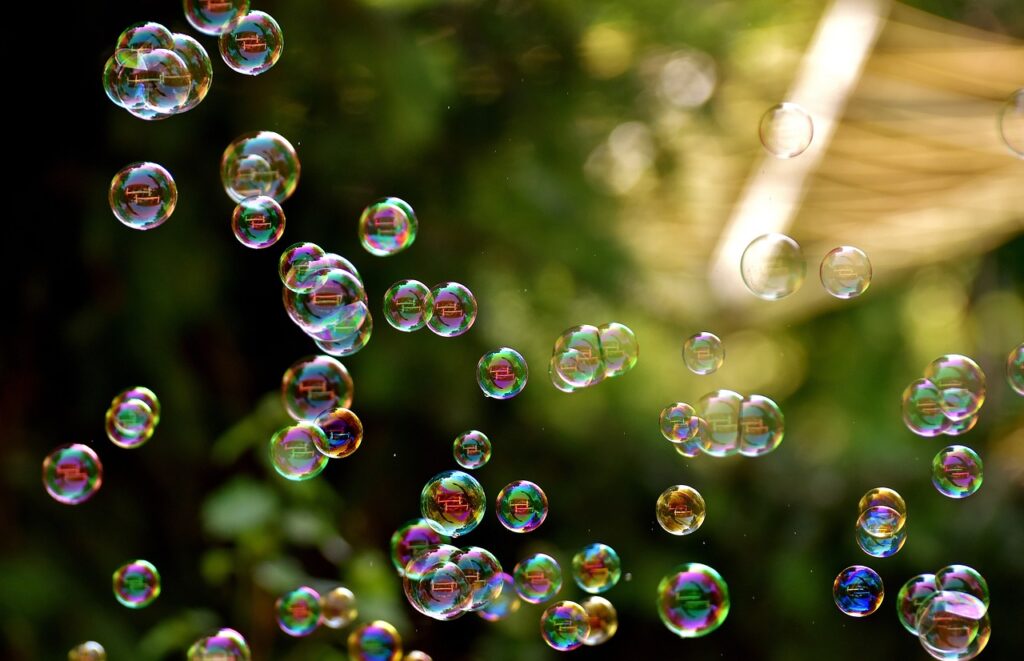 soap bubbles, floating, iridescent